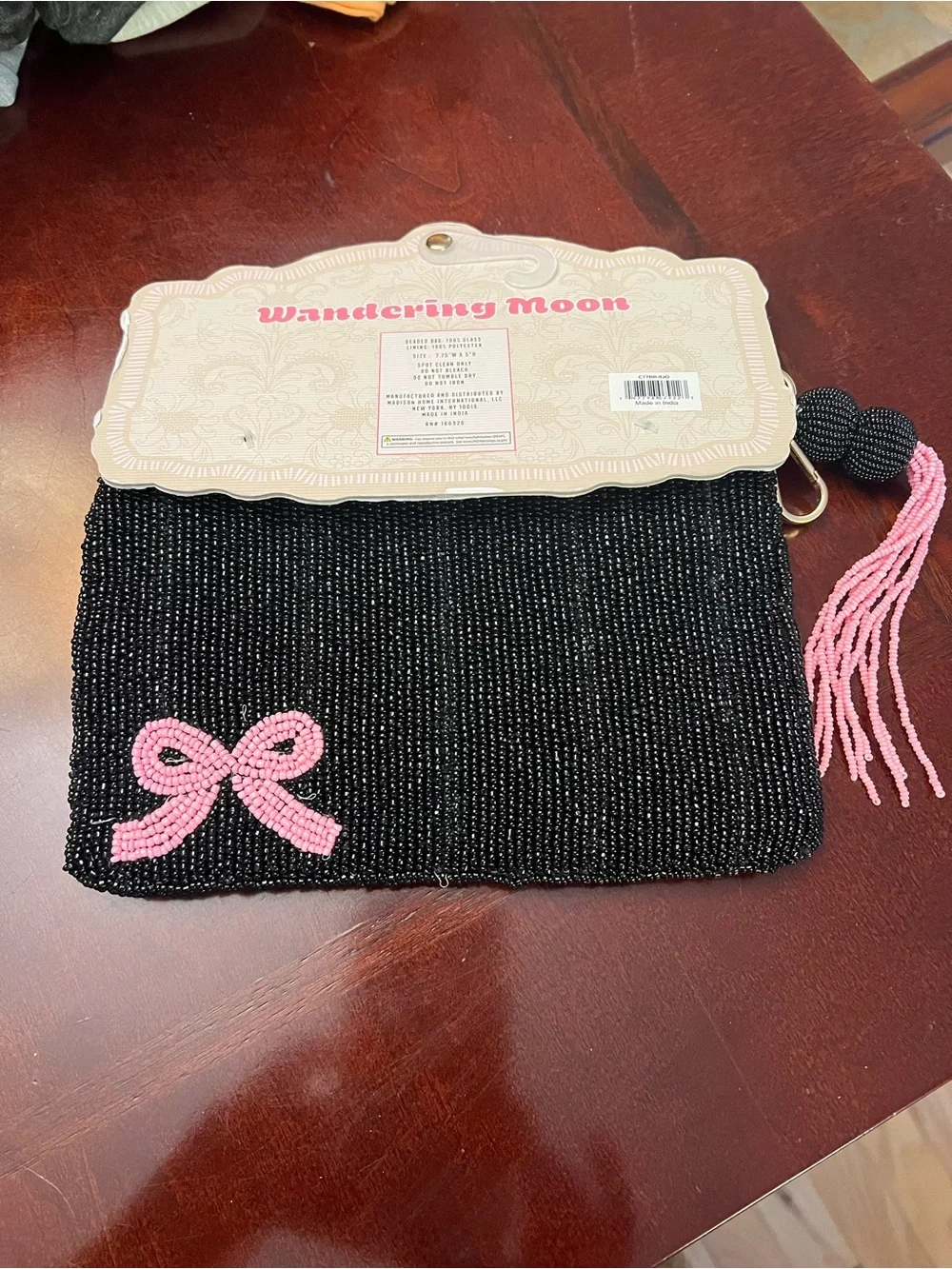 Wandering Moon Black Beaded Skull Cosmetic Pouch with Pink Bow